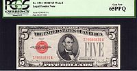 Fr.1531, 1928F $5 (Wide 1) Legal tender Note, Gem CU, PCGS-65 PPQ